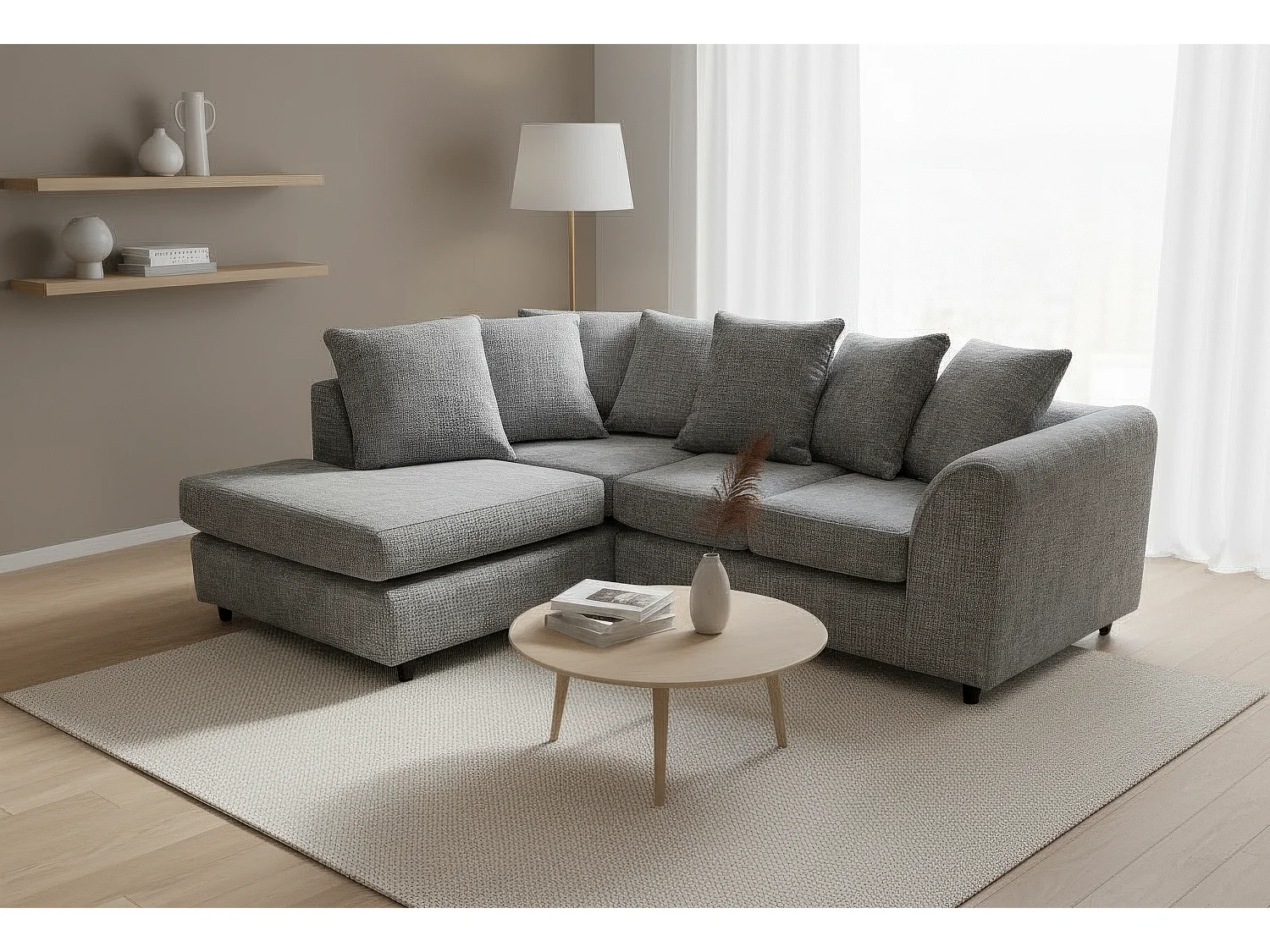 Jumbo Chenille Corner Sofa with Plush Chaise Extension Left Facing Dark Grey