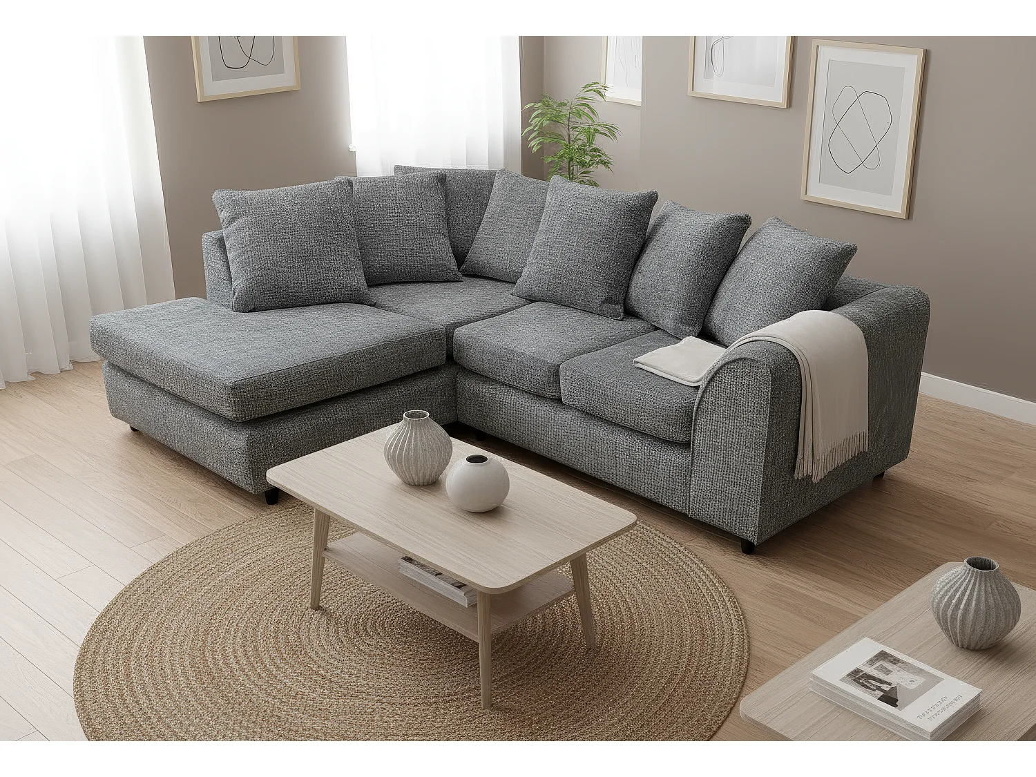 Jumbo Chenille Corner Sofa with Plush Chaise Extension Left Facing Dark Grey