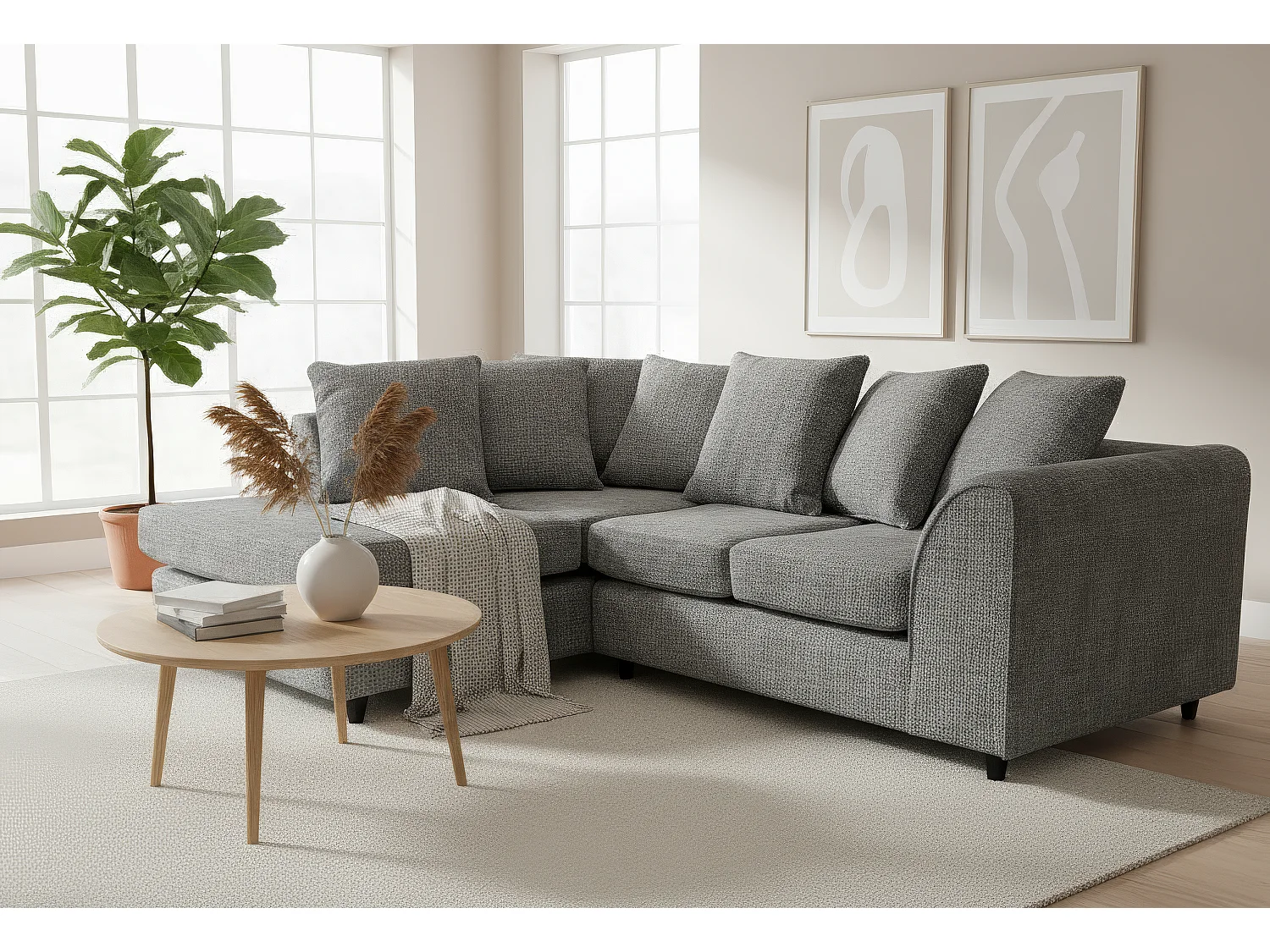 Jumbo Chenille Corner Sofa with Plush Chaise Extension Left Facing Dark Grey