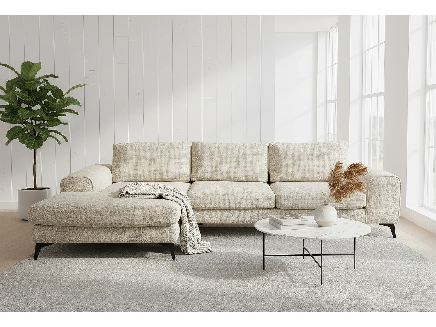 Venice Chenille Corner Sofa with Deep Seats and Extra-wide Padded Arms Left Facing Beige