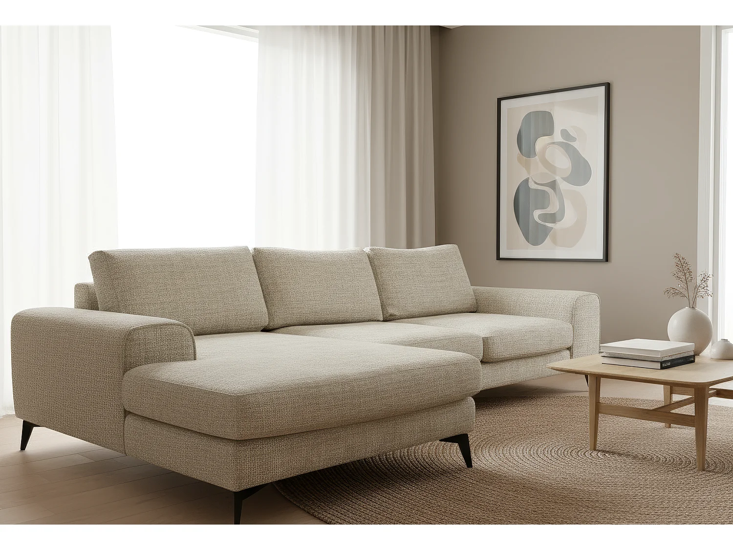 Venice Chenille Corner Sofa with Deep Seats and Extra-wide Padded Arms Left Facing Beige