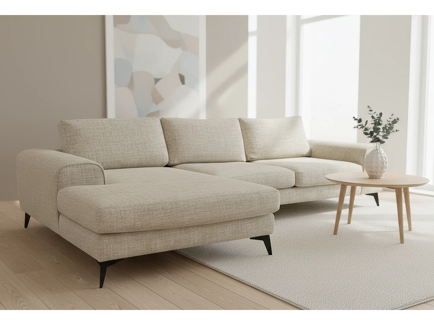 Venice Chenille Corner Sofa with Deep Seats and Extra-wide Padded Arms Left Facing Beige