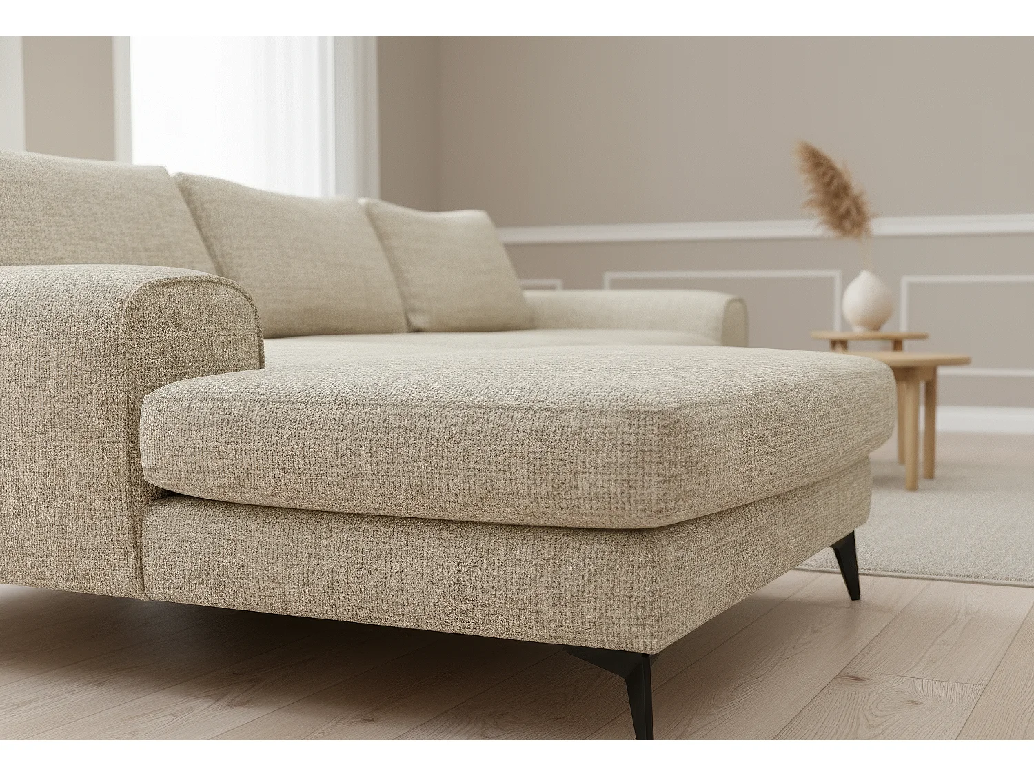 Venice Chenille Corner Sofa with Deep Seats and Extra-wide Padded Arms Left Facing Beige