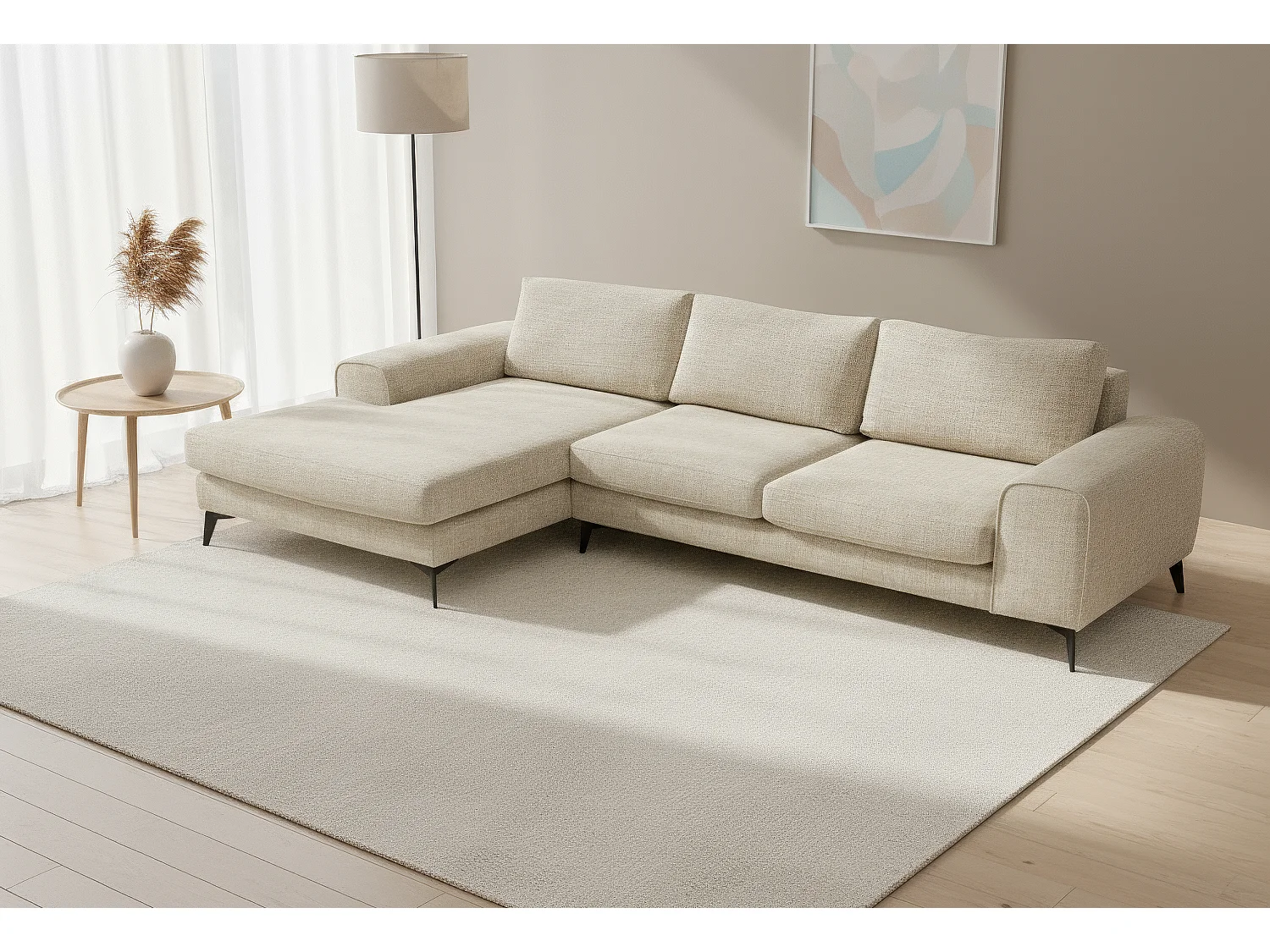 Venice Chenille Corner Sofa with Deep Seats and Extra-wide Padded Arms Left Facing Beige