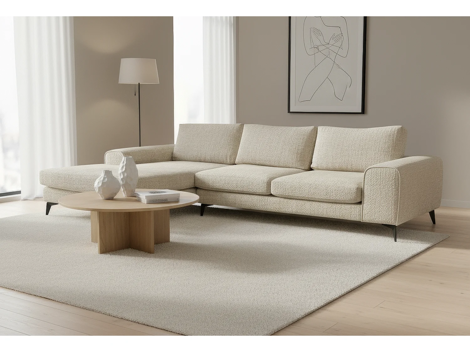 Venice Chenille Corner Sofa with Deep Seats and Extra-wide Padded Arms Left Facing Beige