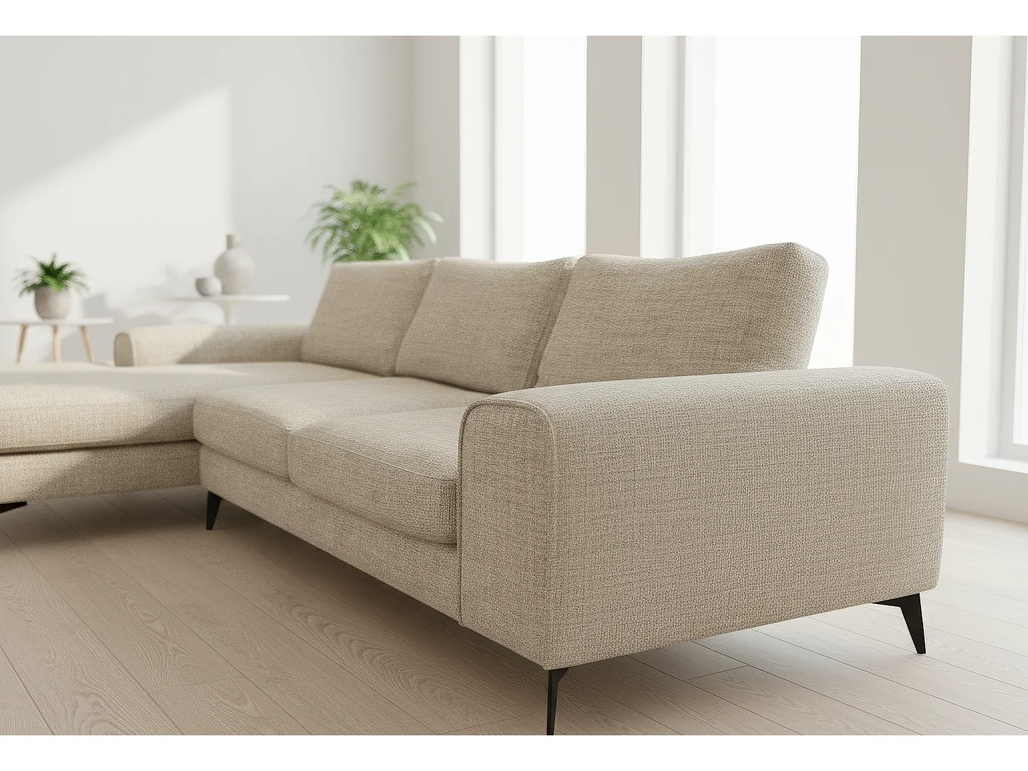 Venice Chenille Corner Sofa with Deep Seats and Extra-wide Padded Arms Left Facing Beige
