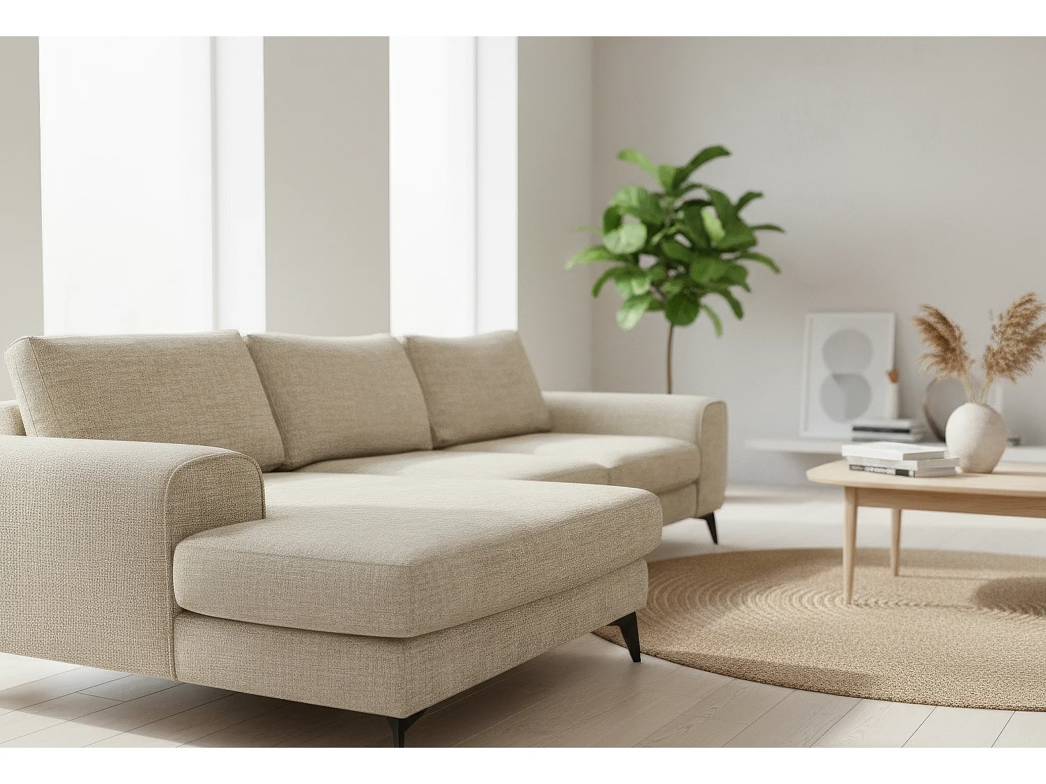 Venice Chenille Corner Sofa with Deep Seats and Extra-wide Padded Arms Left Facing Beige