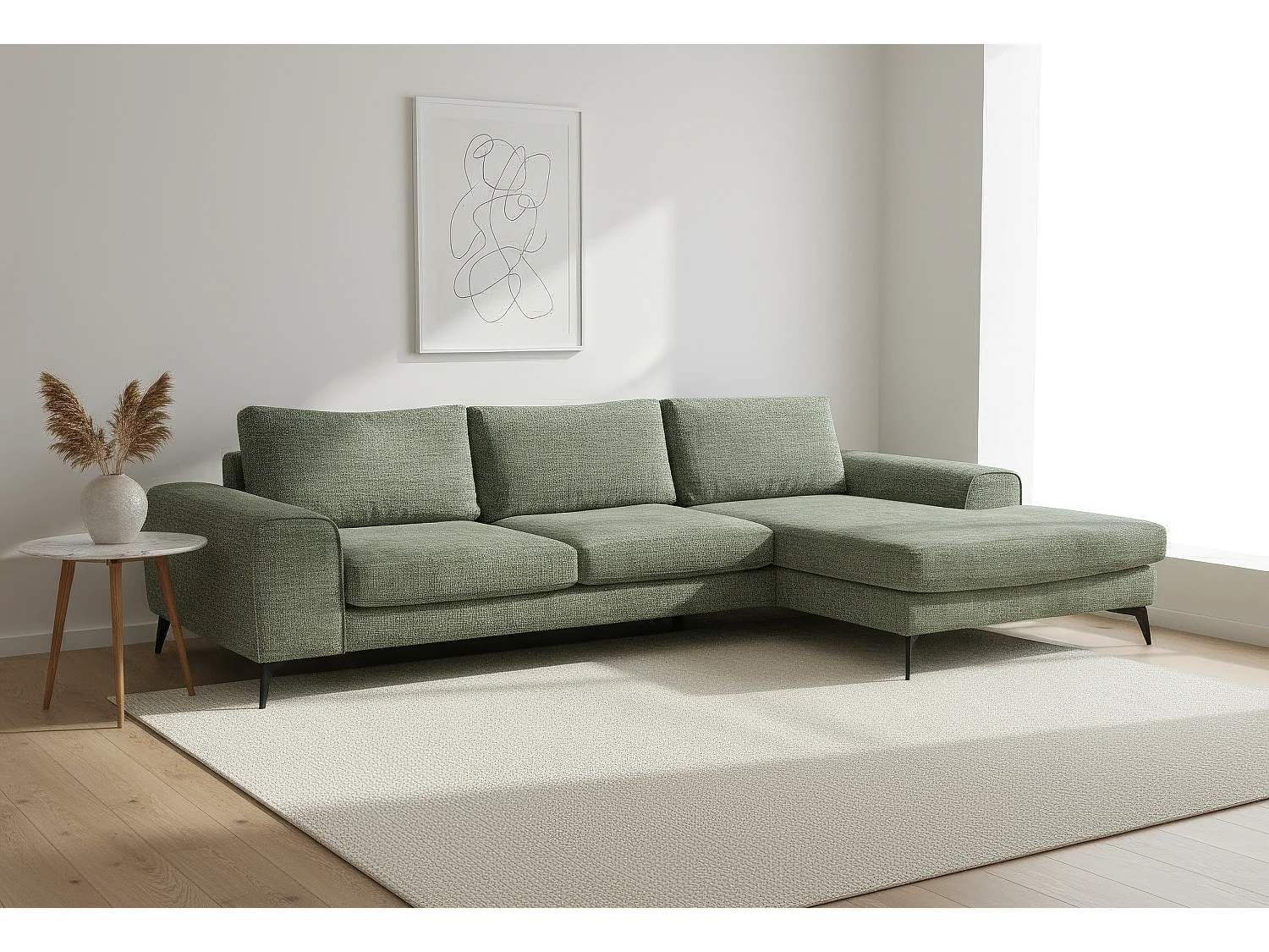 Venice Chenille Corner Sofa with Deep Seats and Extra-wide Padded Arms Right Facing Sage Green