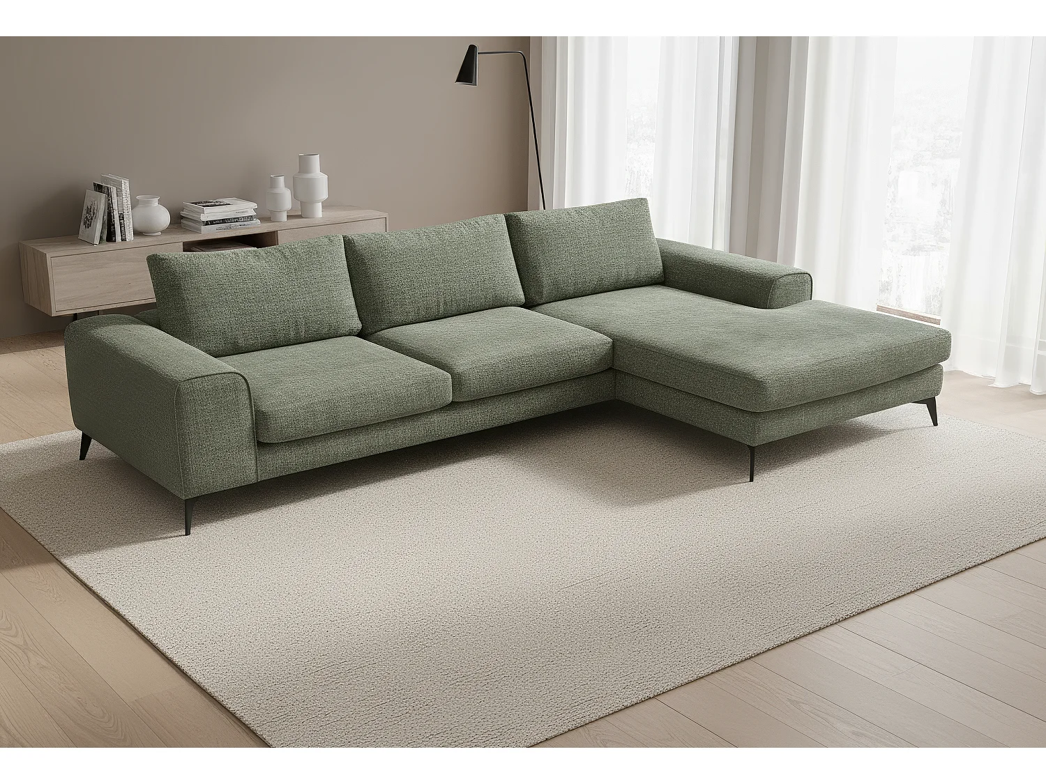 Venice Chenille Corner Sofa with Deep Seats and Extra-wide Padded Arms Right Facing Sage Green