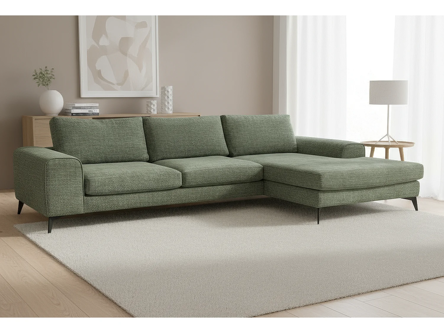 Venice Chenille Corner Sofa with Deep Seats and Extra-wide Padded Arms Right Facing Sage Green