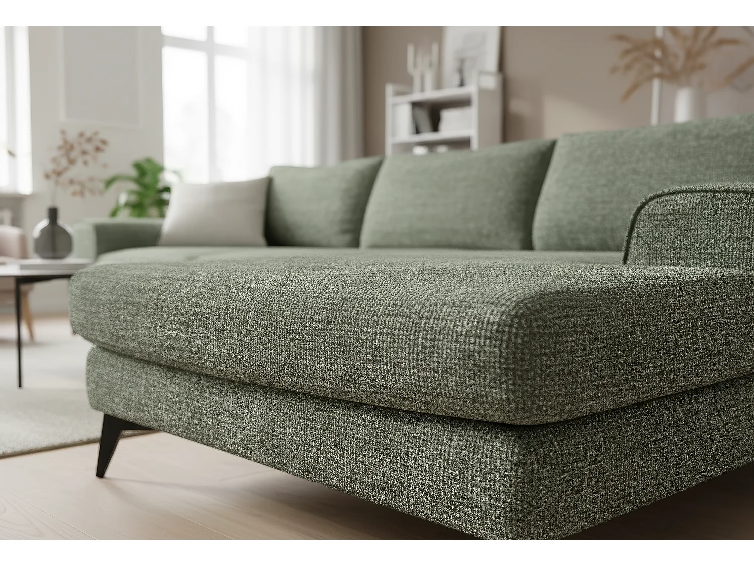 Venice Chenille Corner Sofa with Deep Seats and Extra-wide Padded Arms Right Facing Sage Green