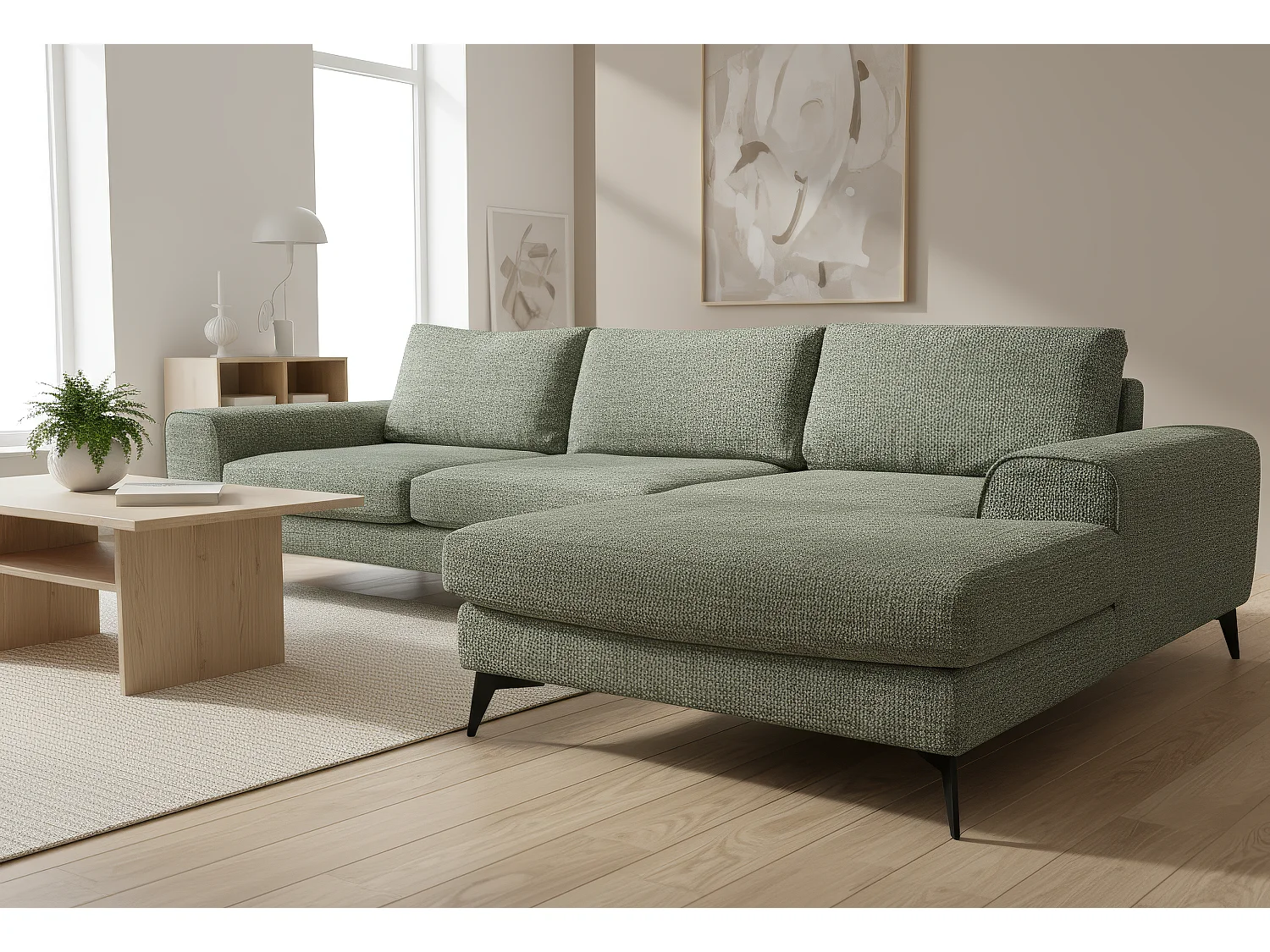 Venice Chenille Corner Sofa with Deep Seats and Extra-wide Padded Arms Right Facing Sage Green