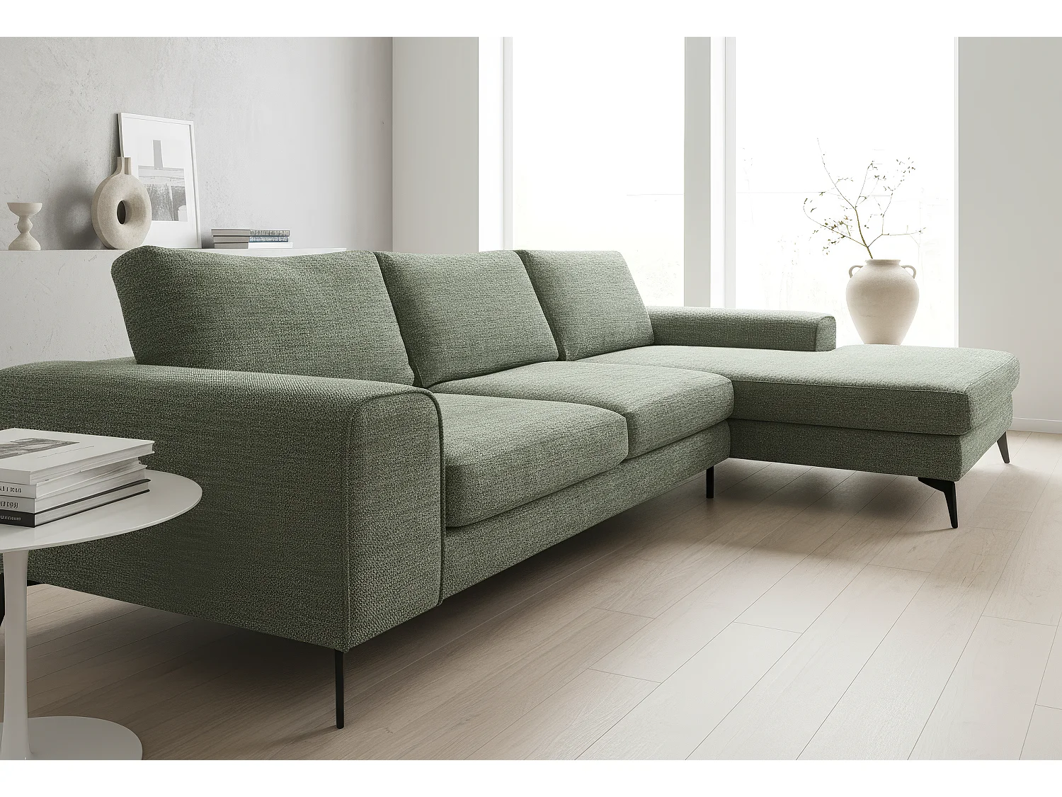Venice Chenille Corner Sofa with Deep Seats and Extra-wide Padded Arms Right Facing Sage Green
