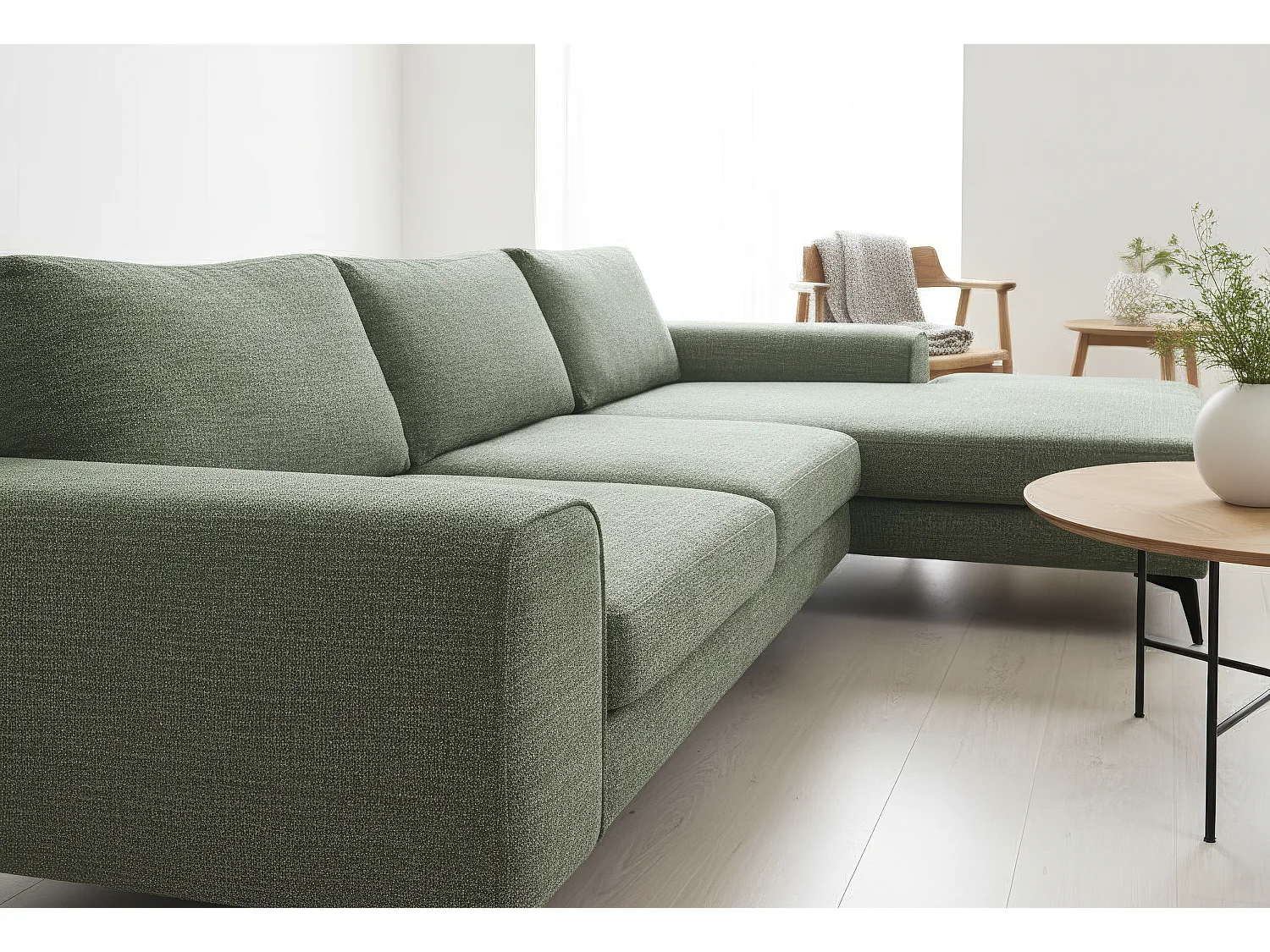 Venice Chenille Corner Sofa with Deep Seats and Extra-wide Padded Arms Right Facing Sage Green