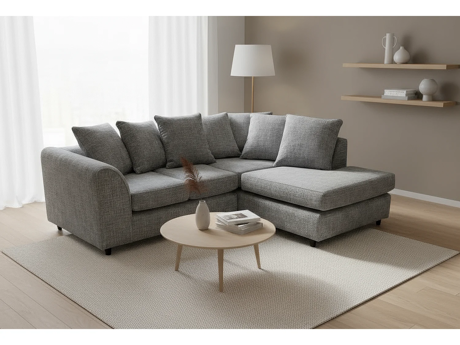Jumbo Chenille Corner Sofa with Plush Chaise Extension Right Facing Dark Grey