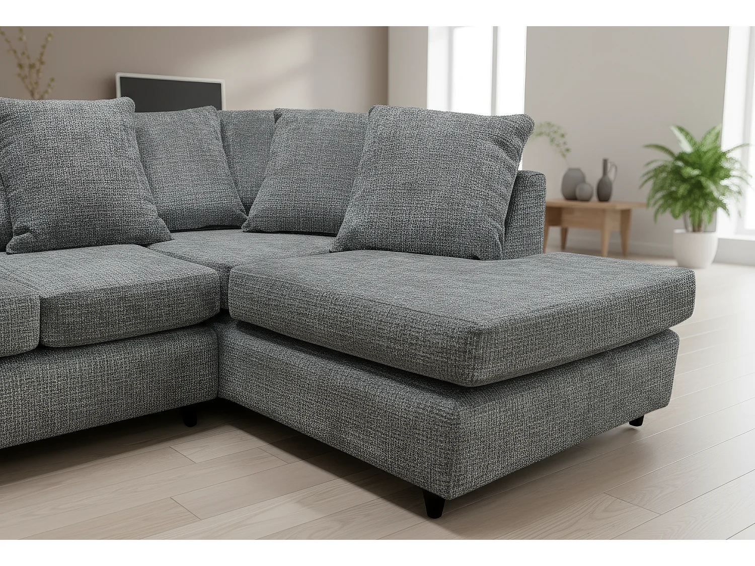 Jumbo Chenille Corner Sofa with Plush Chaise Extension Right Facing Dark Grey