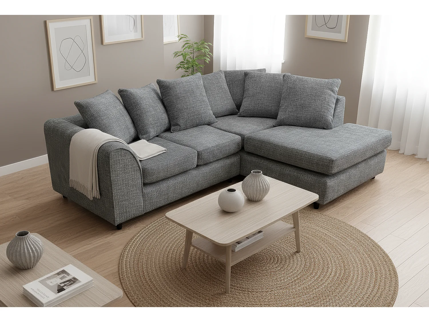 Jumbo Chenille Corner Sofa with Plush Chaise Extension Right Facing Dark Grey