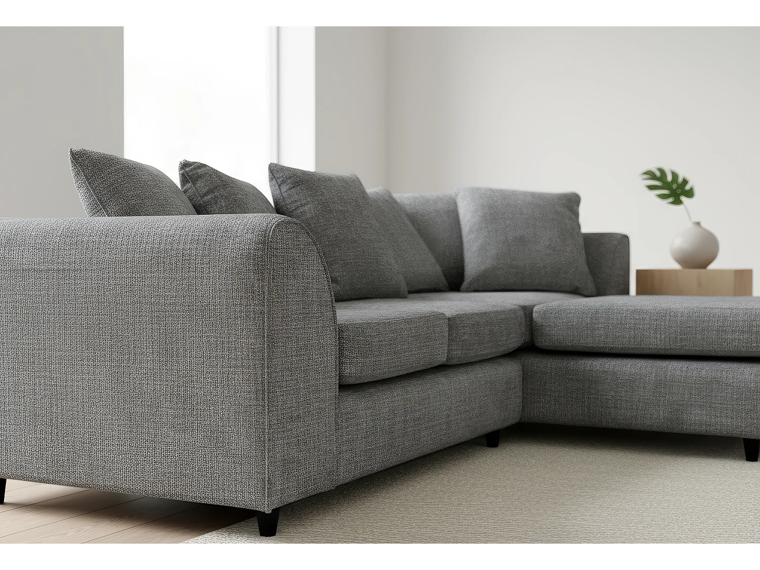 Jumbo Chenille Corner Sofa with Plush Chaise Extension Right Facing Dark Grey