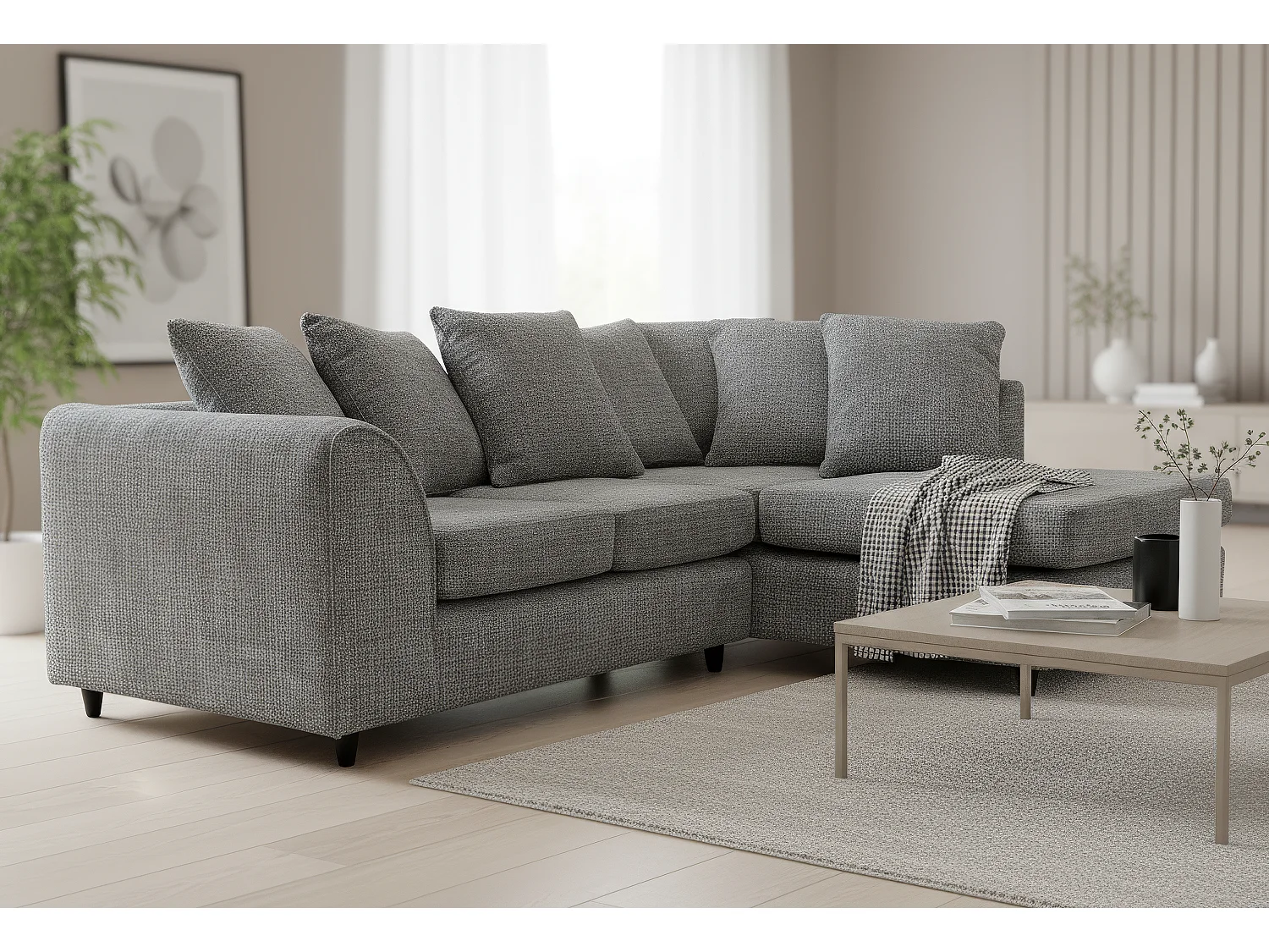 Jumbo Chenille Corner Sofa with Plush Chaise Extension Right Facing Dark Grey