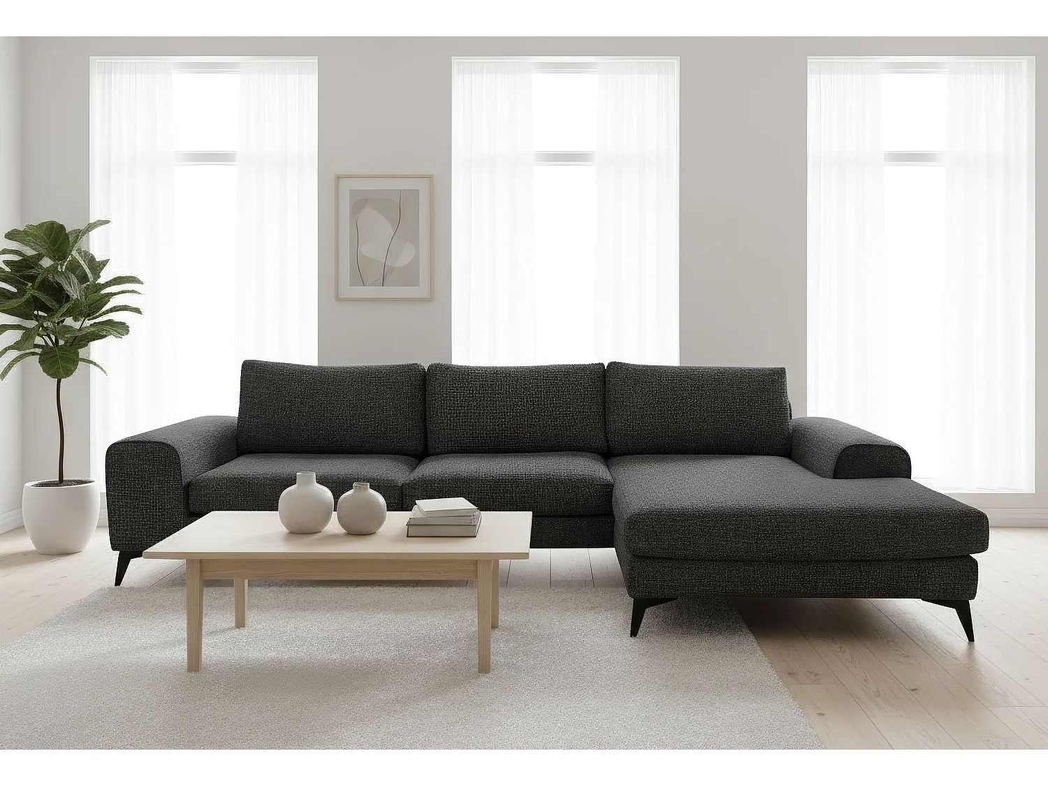 Venice Chenille Corner Sofa with Deep Seats and Extra-wide Padded Arms Right Facing Black