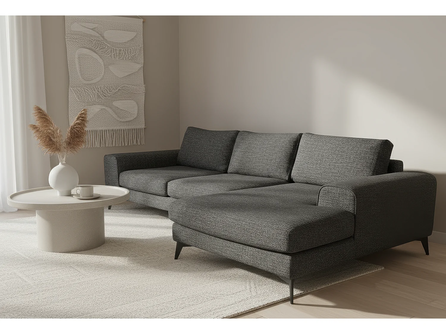 Venice Chenille Corner Sofa with Deep Seats and Extra-wide Padded Arms Right Facing Black