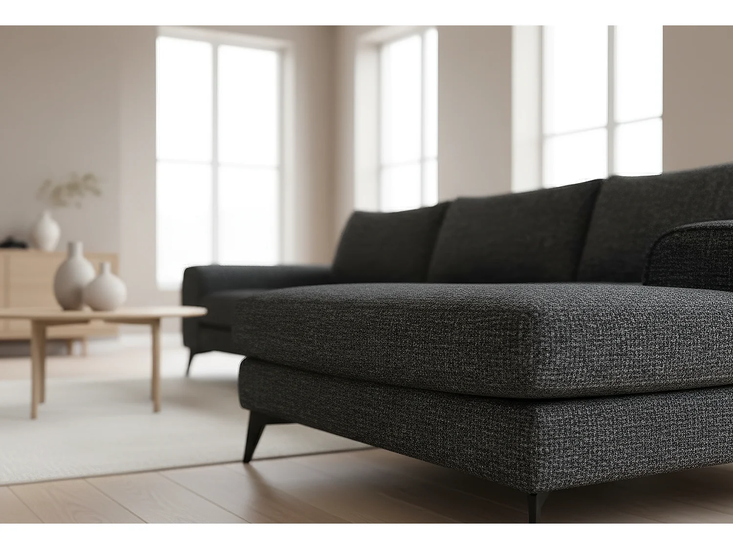Venice Chenille Corner Sofa with Deep Seats and Extra-wide Padded Arms Right Facing Black
