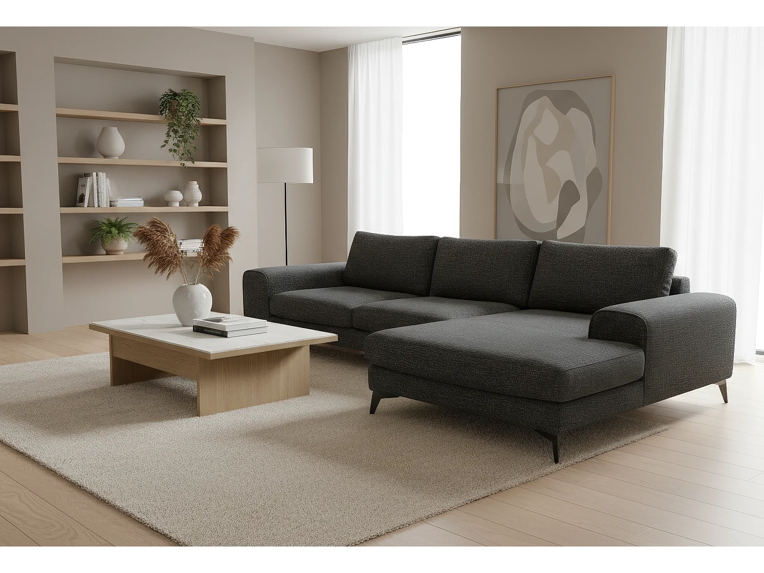 Venice Chenille Corner Sofa with Deep Seats and Extra-wide Padded Arms Right Facing Black