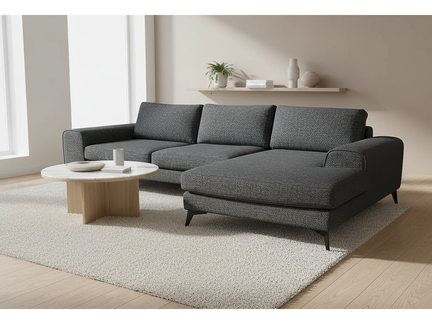 Venice Chenille Corner Sofa with Deep Seats and Extra-wide Padded Arms Right Facing Black
