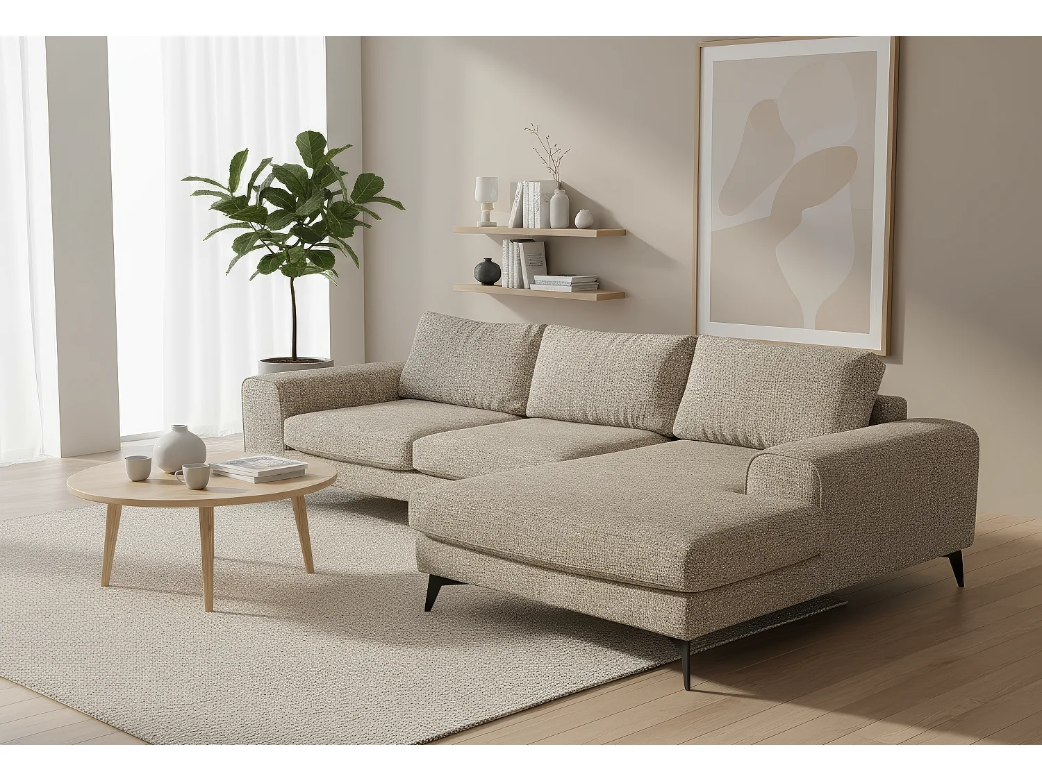 Venice Chenille Corner Sofa with Deep Seats and Extra-wide Padded Arms Right Facing Taupe