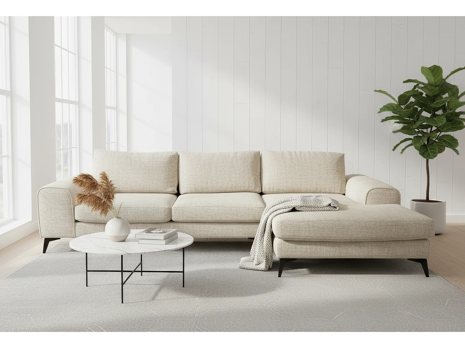 Venice Chenille Corner Sofa with Deep Seats and Extra-wide Padded Arms Right Facing Beige