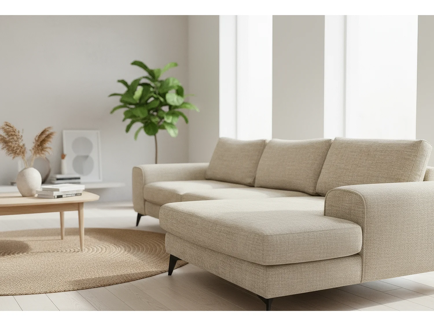 Venice Chenille Corner Sofa with Deep Seats and Extra-wide Padded Arms Right Facing Beige