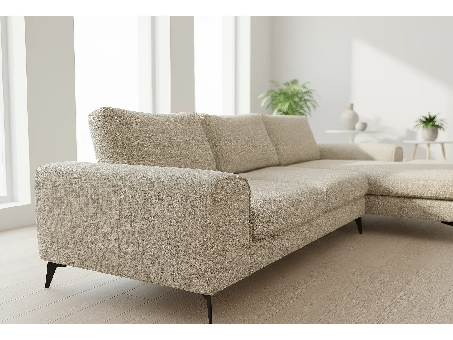 Venice Chenille Corner Sofa with Deep Seats and Extra-wide Padded Arms Right Facing Beige