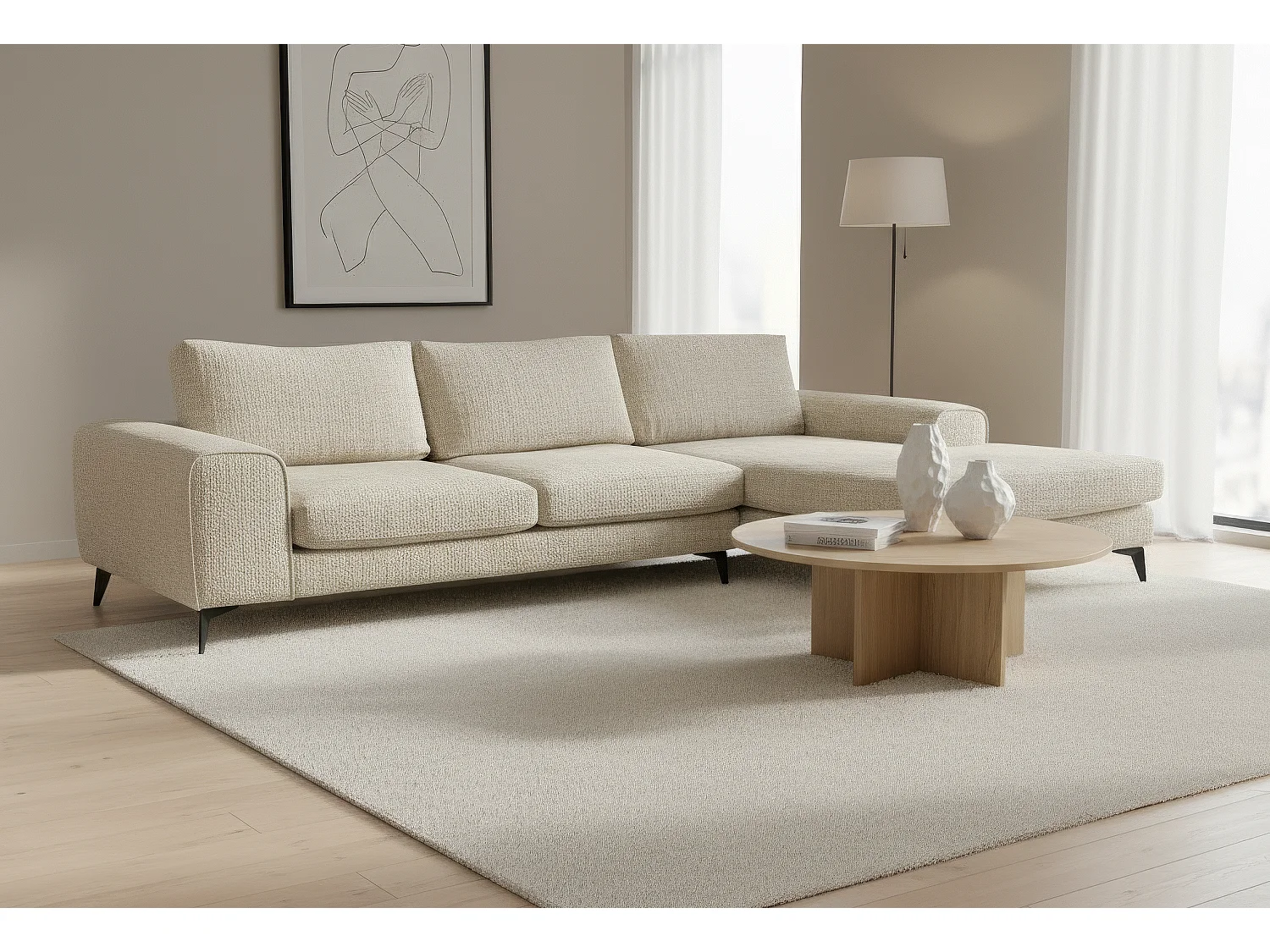 Venice Chenille Corner Sofa with Deep Seats and Extra-wide Padded Arms Right Facing Beige