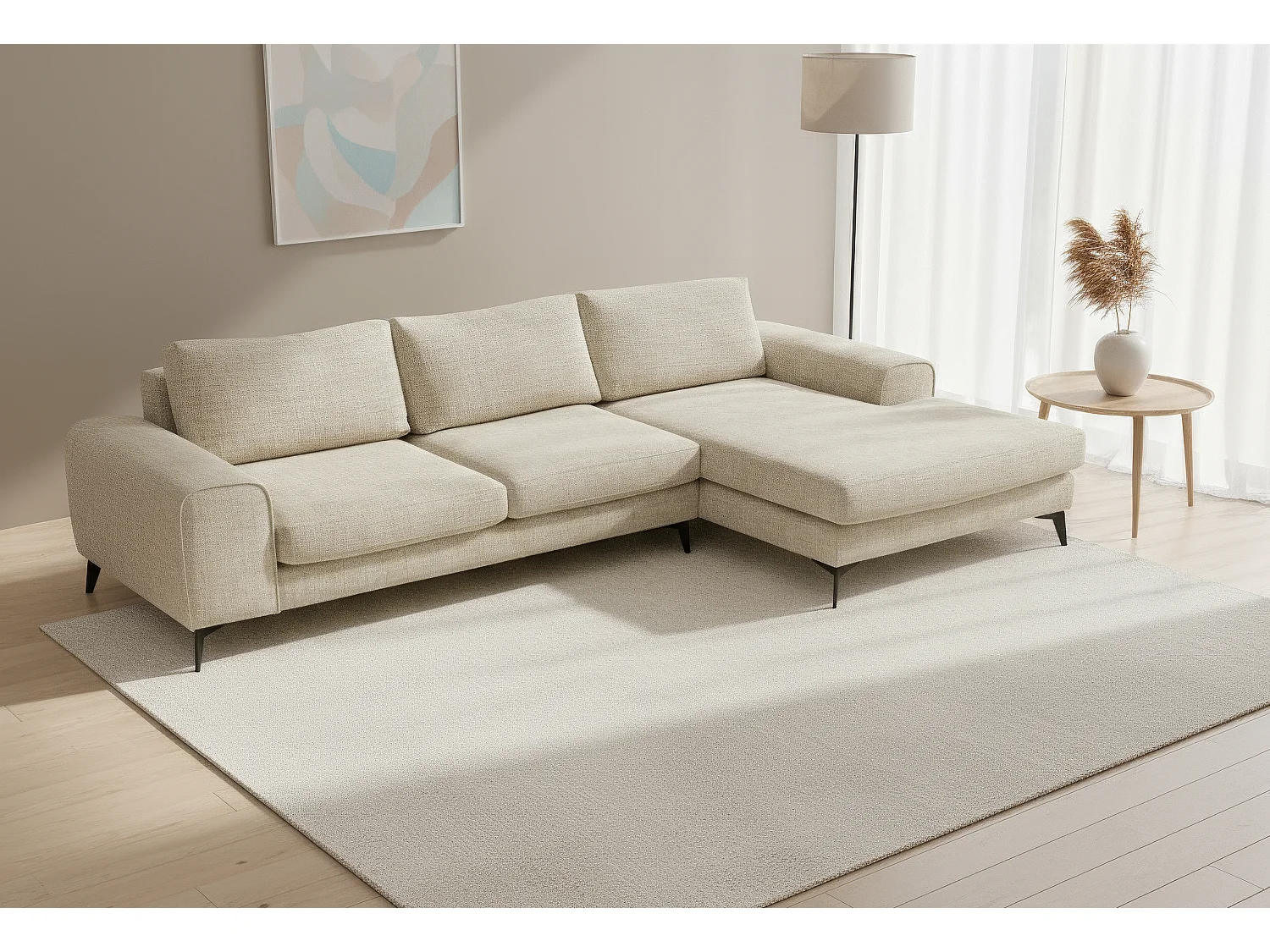 Venice Chenille Corner Sofa with Deep Seats and Extra-wide Padded Arms Right Facing Beige