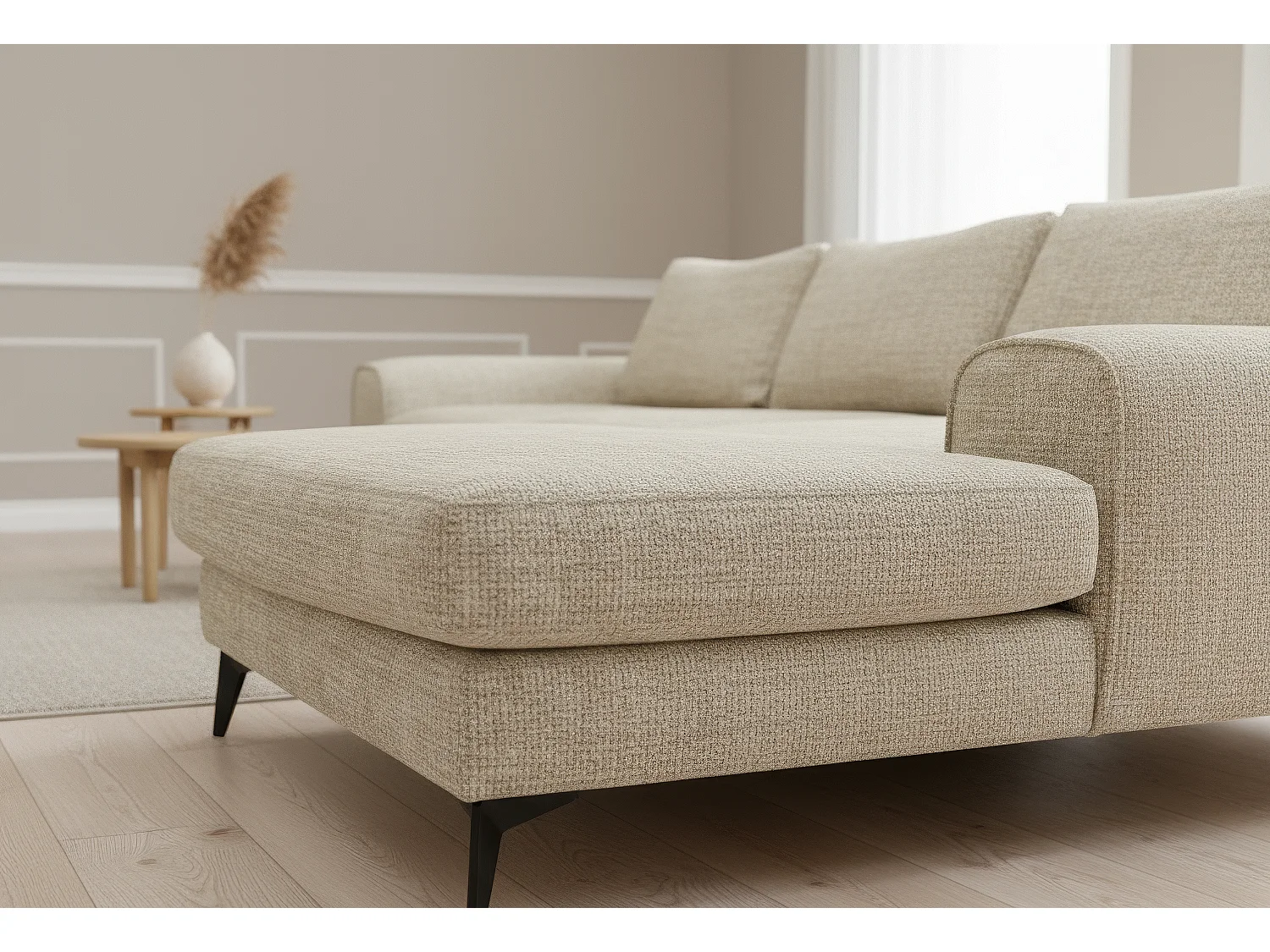 Venice Chenille Corner Sofa with Deep Seats and Extra-wide Padded Arms Right Facing Beige
