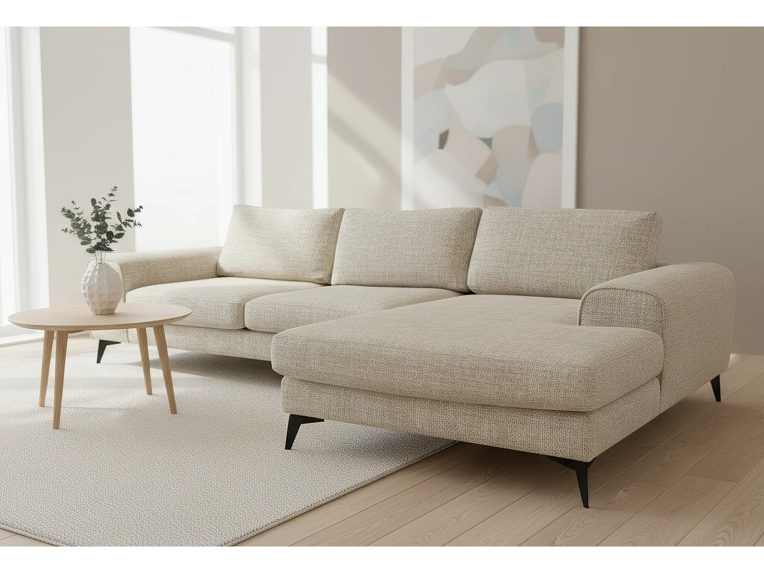 Venice Chenille Corner Sofa with Deep Seats and Extra-wide Padded Arms Right Facing Beige