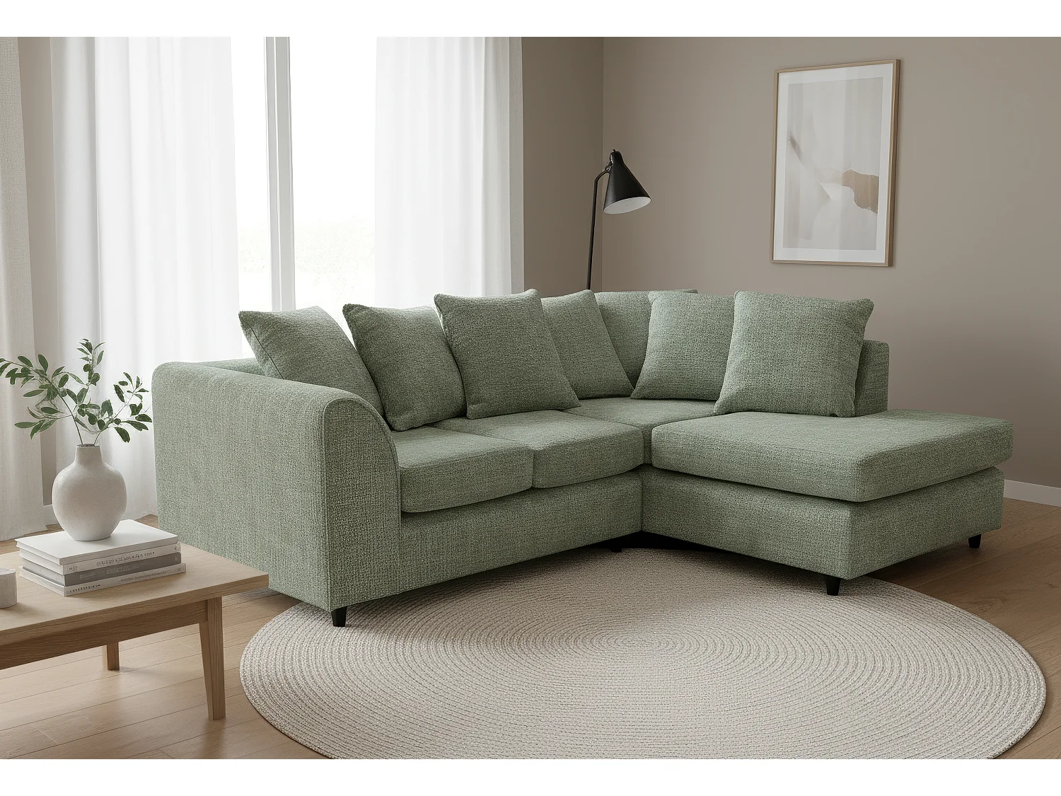 Jumbo Chenille Corner Sofa with Plush Chaise Extension Right Facing Sage Green