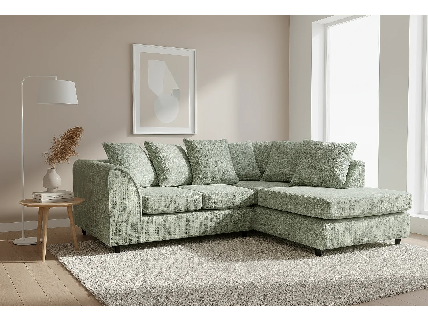 Jumbo Chenille Corner Sofa with Plush Chaise Extension Right Facing Sage Green