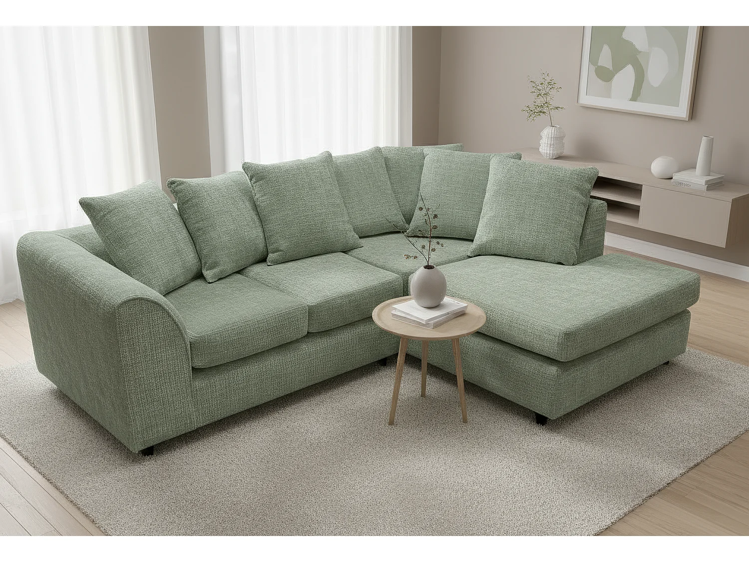 Jumbo Chenille Corner Sofa with Plush Chaise Extension Right Facing Sage Green