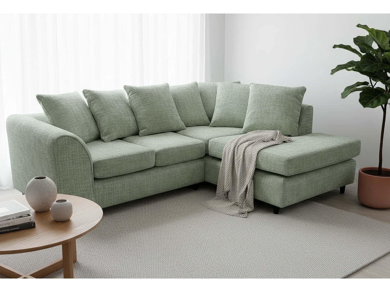 Jumbo Chenille Corner Sofa with Plush Chaise Extension Right Facing Sage Green