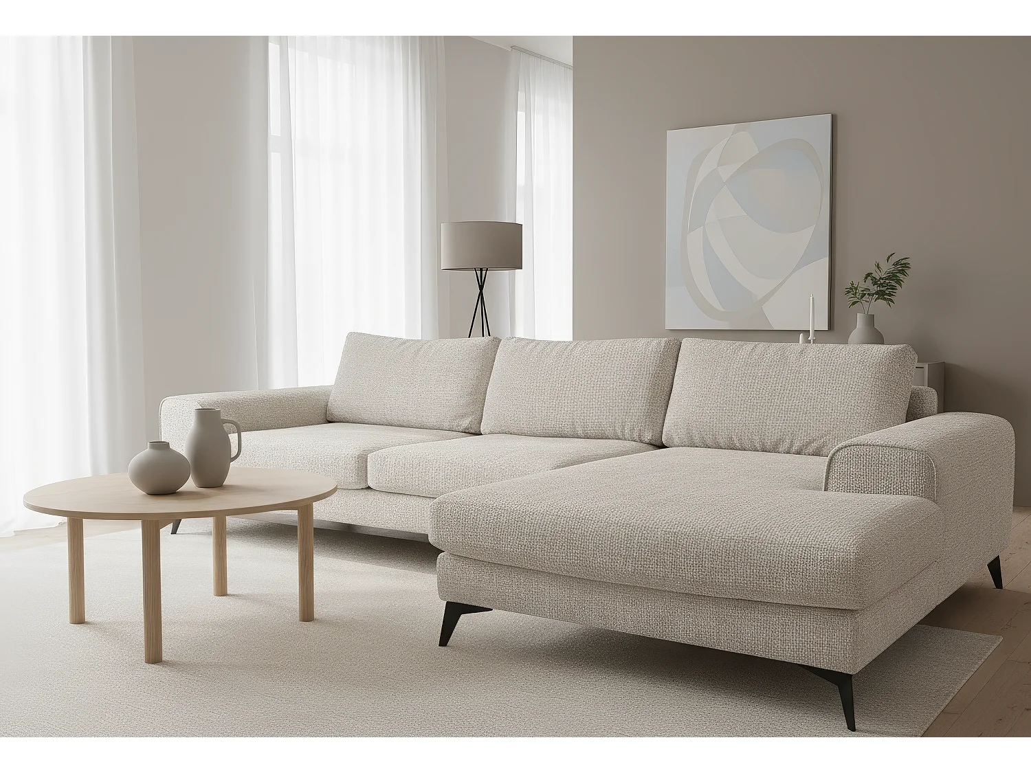Venice Chenille Corner Sofa with Deep Seats and Extra-wide Padded Arms Right Facing Stone Grey