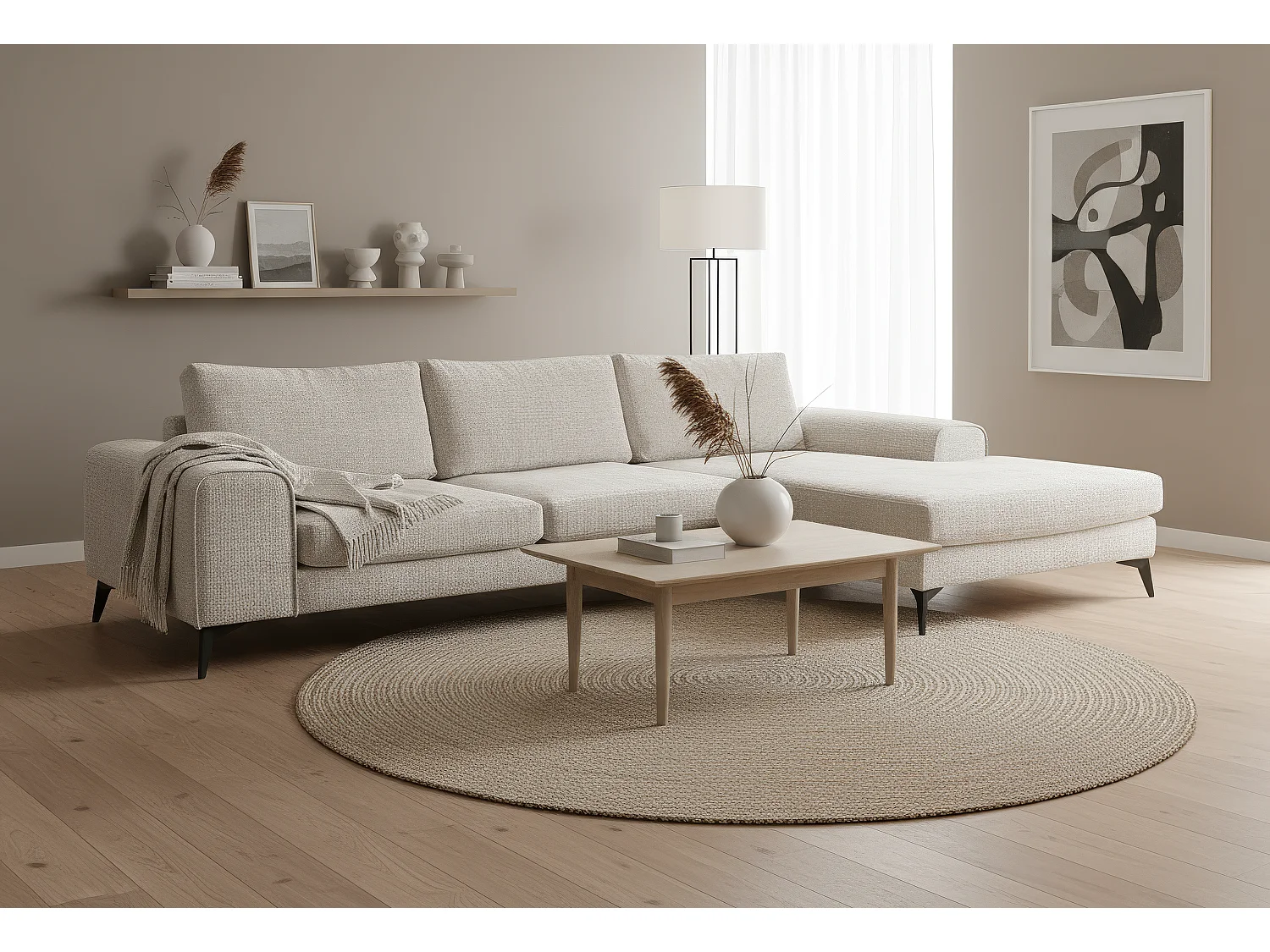 Venice Chenille Corner Sofa with Deep Seats and Extra-wide Padded Arms Right Facing Stone Grey