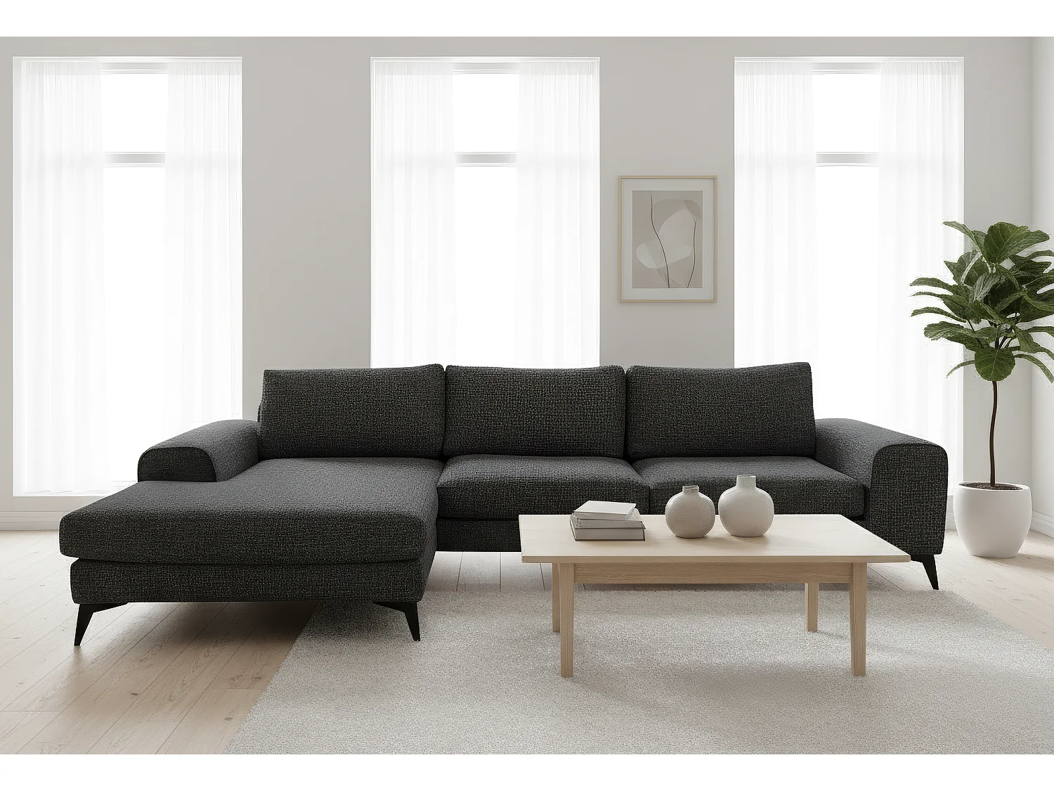 Venice Chenille Corner Sofa with Deep Seats and Extra-wide Padded Arms Left Facing Black