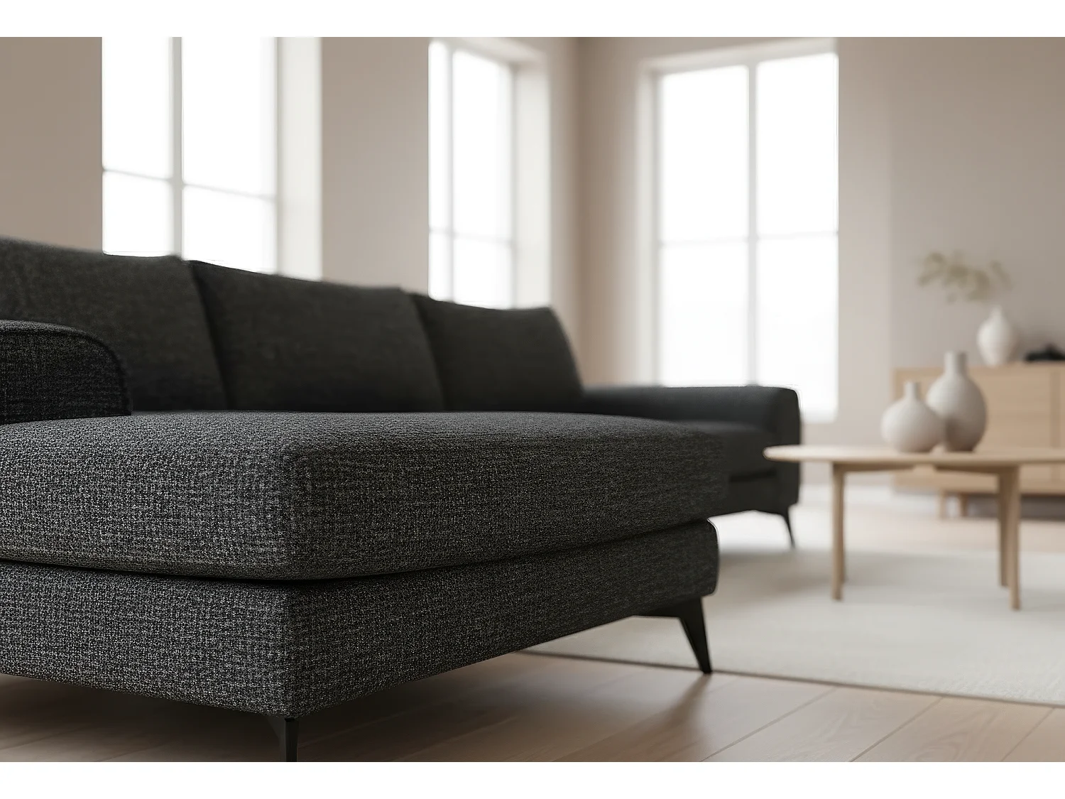 Venice Chenille Corner Sofa with Deep Seats and Extra-wide Padded Arms Left Facing Black