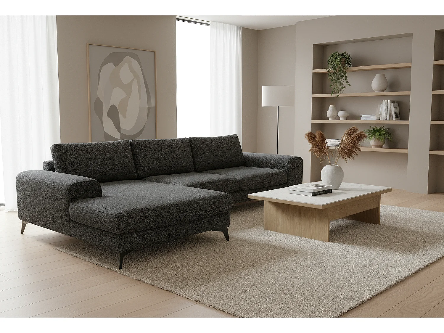 Venice Chenille Corner Sofa with Deep Seats and Extra-wide Padded Arms Left Facing Black