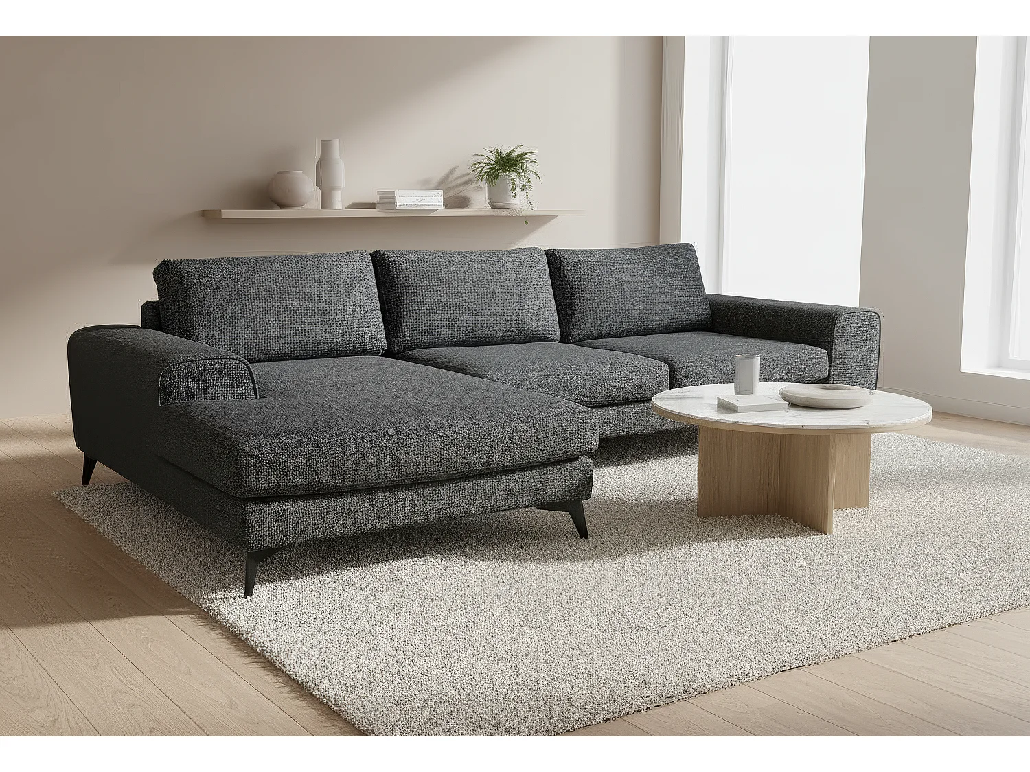 Venice Chenille Corner Sofa with Deep Seats and Extra-wide Padded Arms Left Facing Black