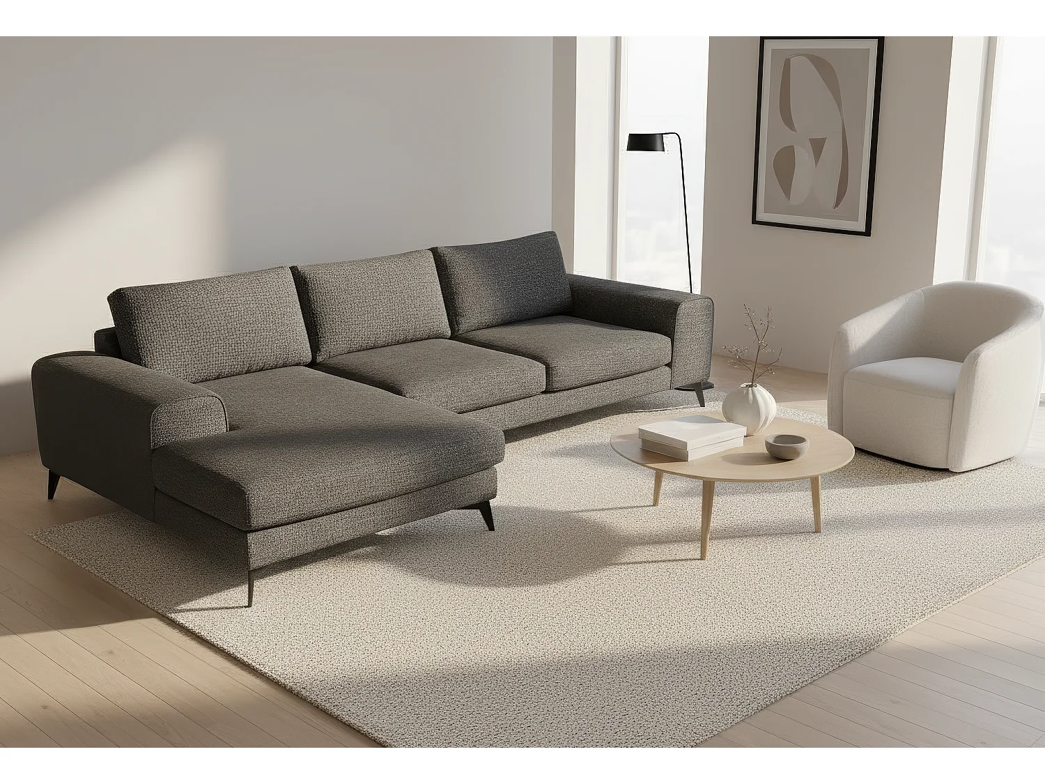 Venice Chenille Corner Sofa with Deep Seats and Extra-wide Padded Arms Left Facing Black