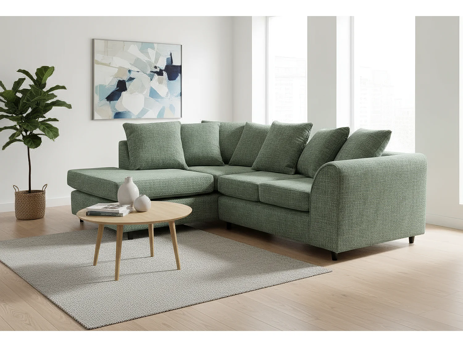 Jumbo Chenille Corner Sofa with Plush Chaise Extension Left Facing Rifle Green