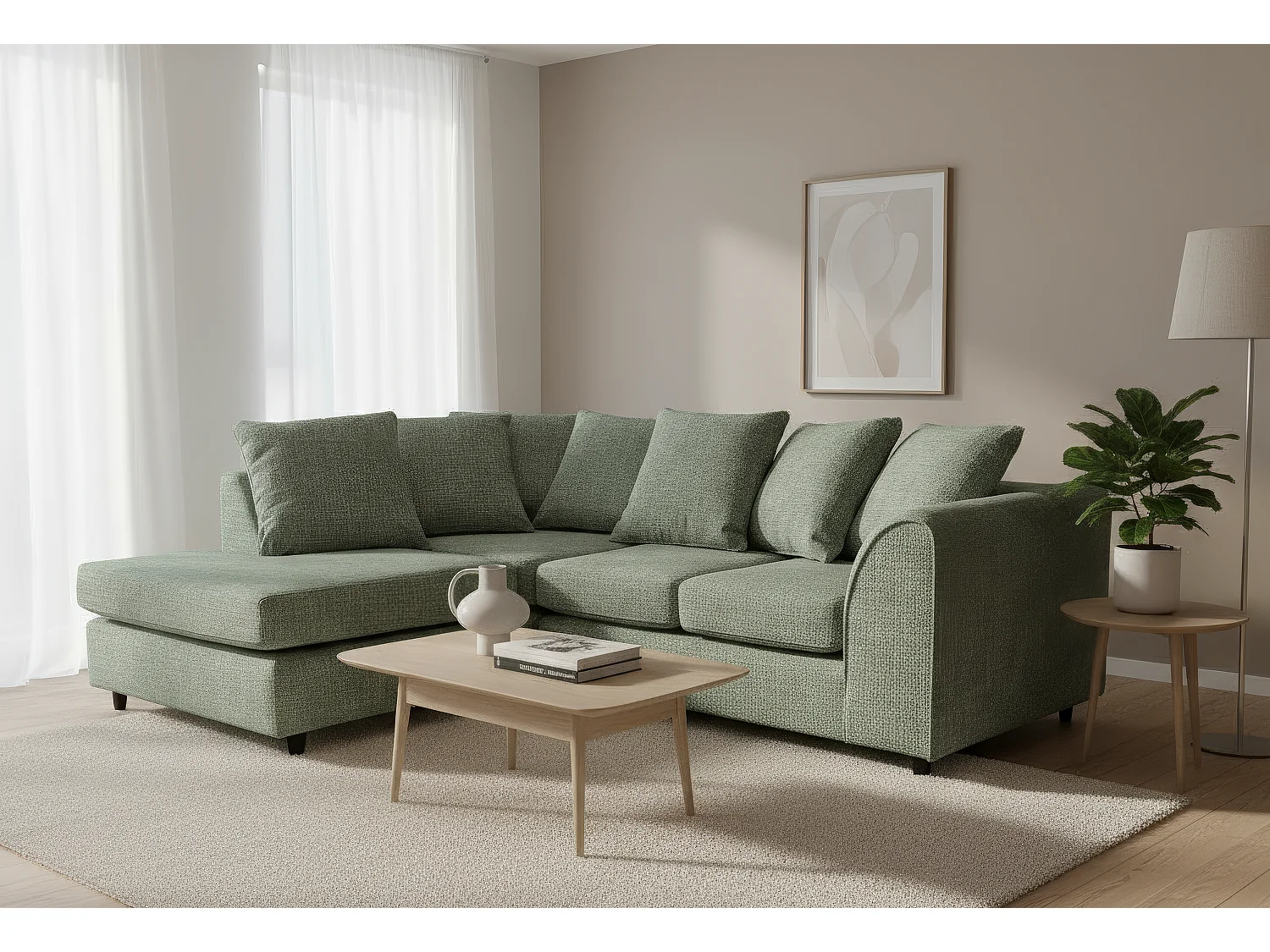 Jumbo Chenille Corner Sofa with Plush Chaise Extension Left Facing Rifle Green