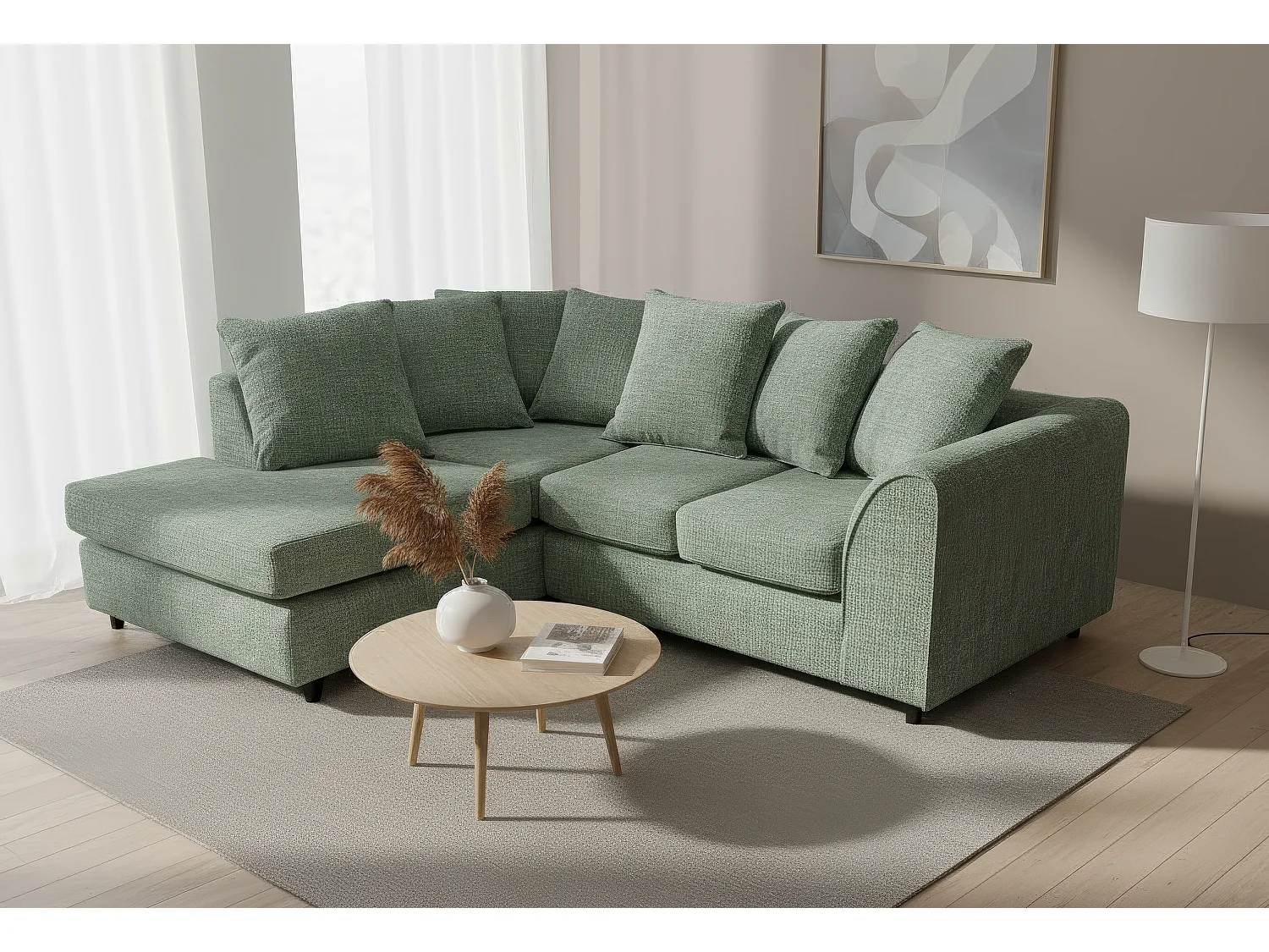 Jumbo Chenille Corner Sofa with Plush Chaise Extension Left Facing Rifle Green
